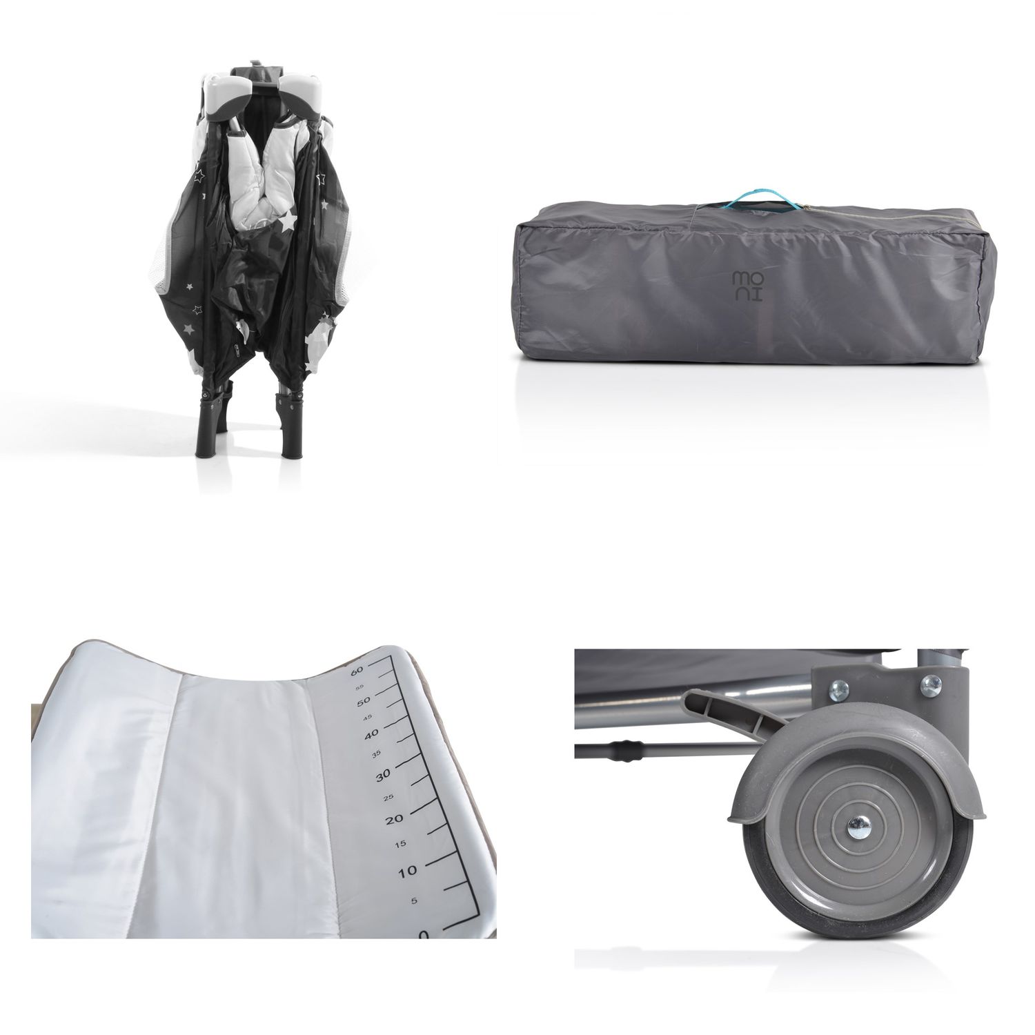 Moni Reisebett Sleepy Rollen, Wickelauflage, Matratze, Spielbogen, Seiteneingang grau-blau