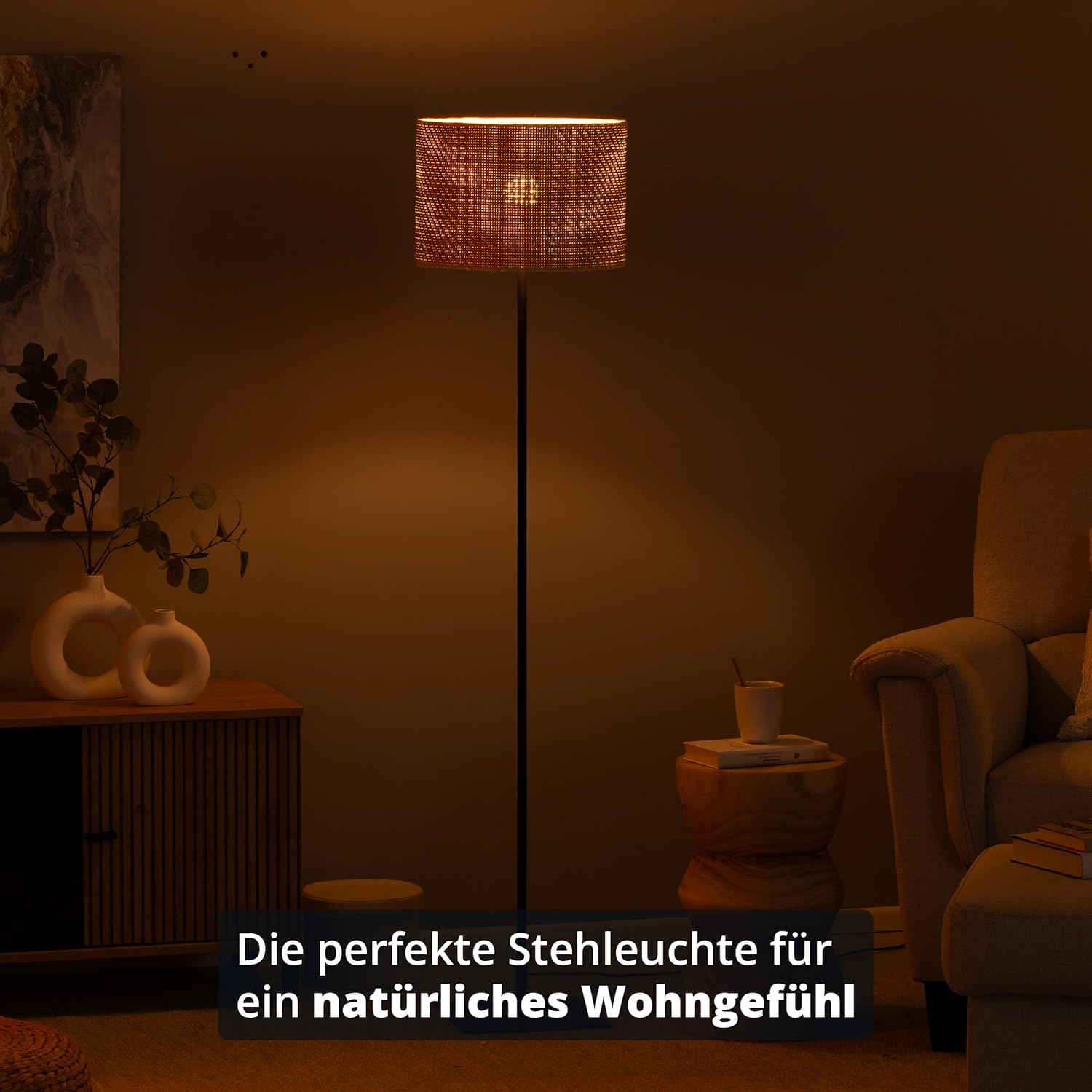 KHG Stehleuchte, 1-flammig, schwarz, Höhe 160 cm, modernes Design mit Rattanschirm, eleganter Look für Wohnzimmer, Schlafzimmer oder Büro, stimmungsvolle Beleuchtung, passend für E27-Leuchtmittel
