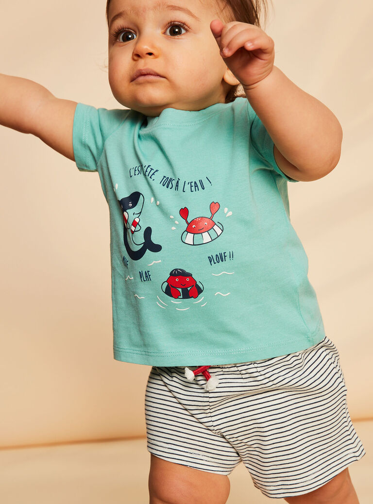 T-shirt et short vert d'eau, bleu marine et blanc en jersey