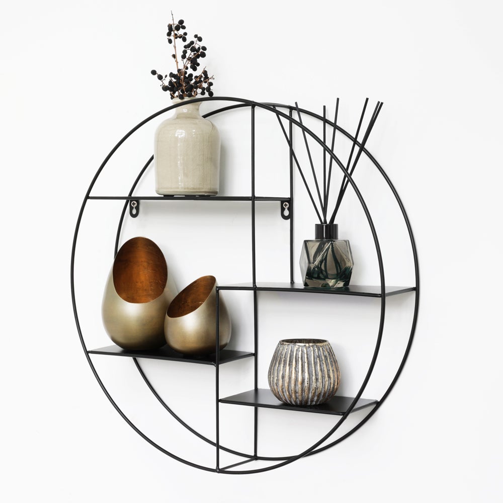 Zwarte metalen wandplank met 4 planken – rond – 50 x 10 cm