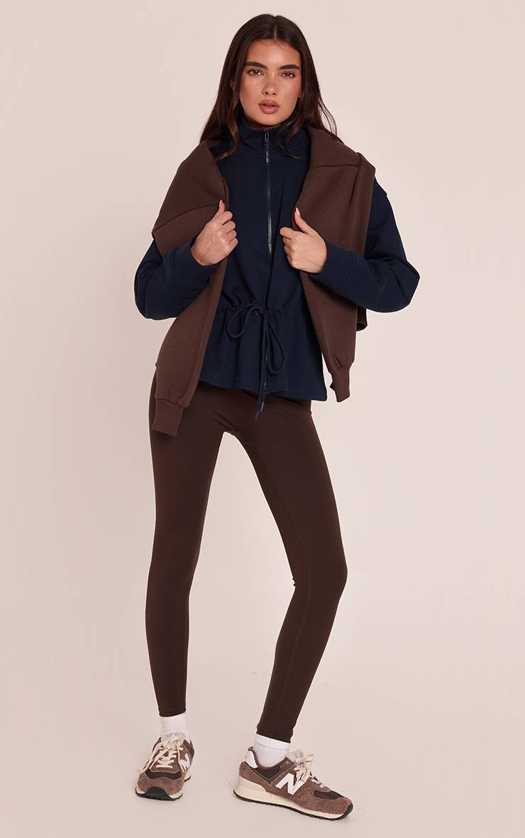 Bleu Marine Veste Zippée À Col Cheminée Et Basque En Jersey Interlock