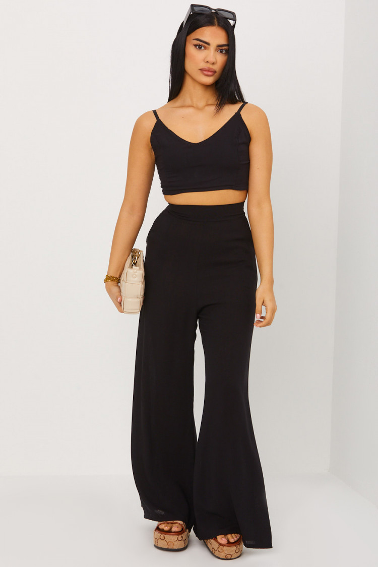 Ensemble effet lin 2 pièces crop top + pantalon noir