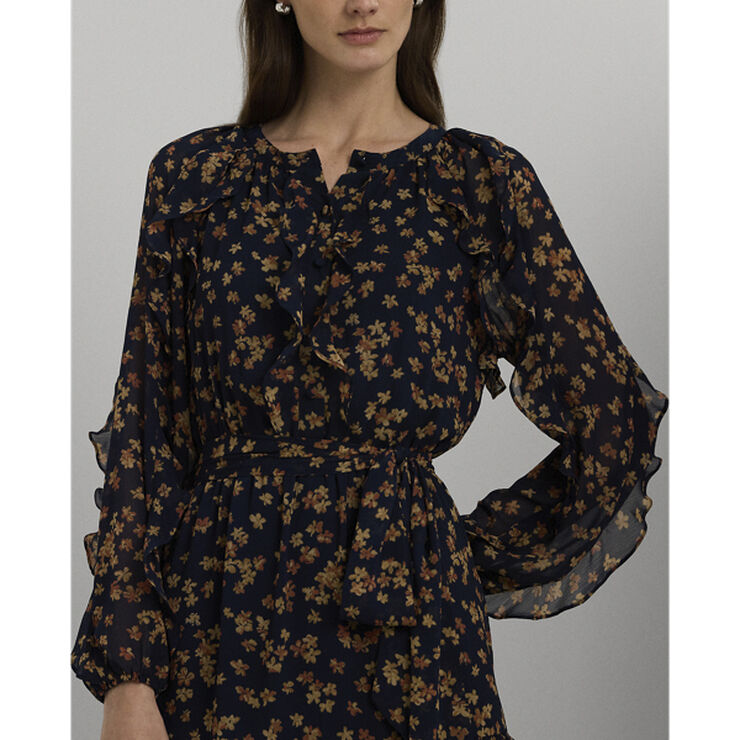 Lauren Ralph Lauren Floral Ruffle-Trim Georgette Dress Navy