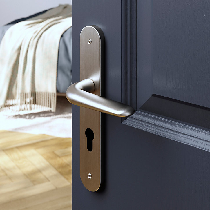 Ensemble poignée sur plaque Droit cylindre GoodHome Mehaban effet nickel satin gris L.120mm x l.40mm entraxe 195mm