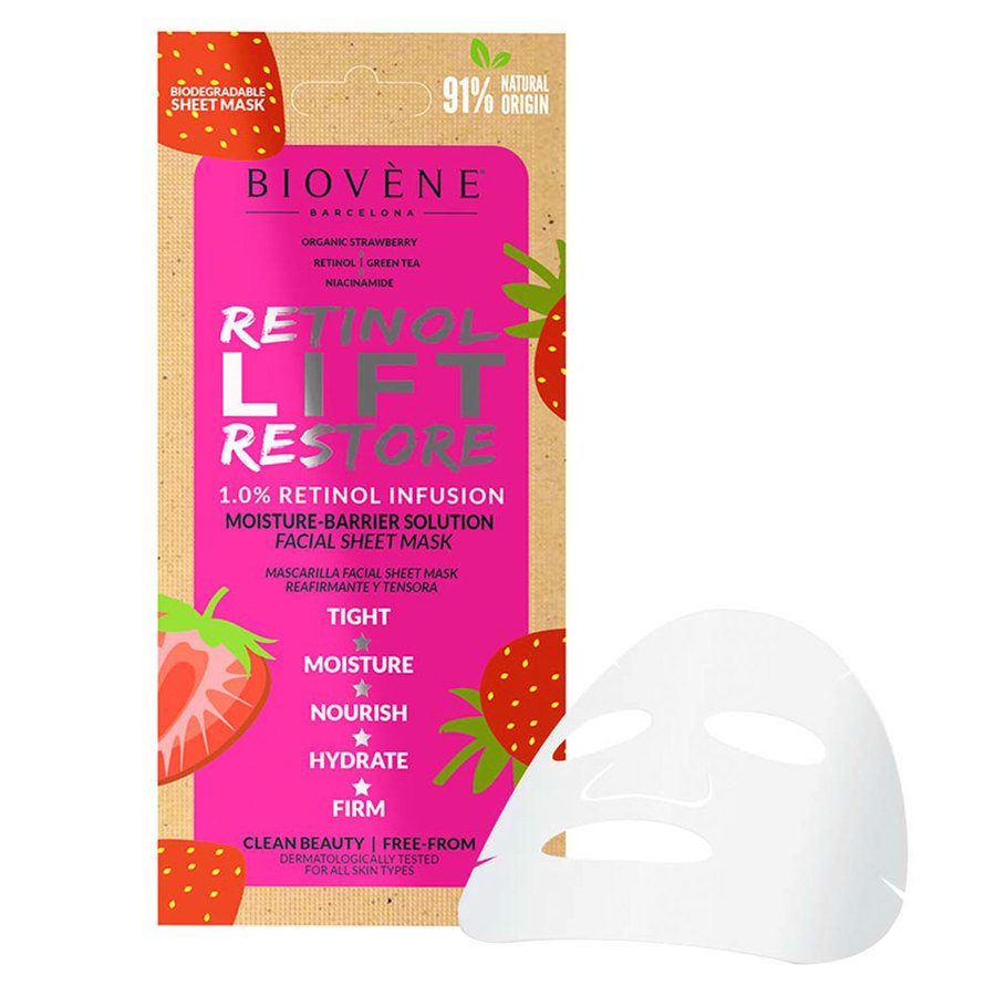 Biovène Retinol Lift Restore Moisture-Barrier Organic Strawberry Biodegradable Sheet Mask 20ml