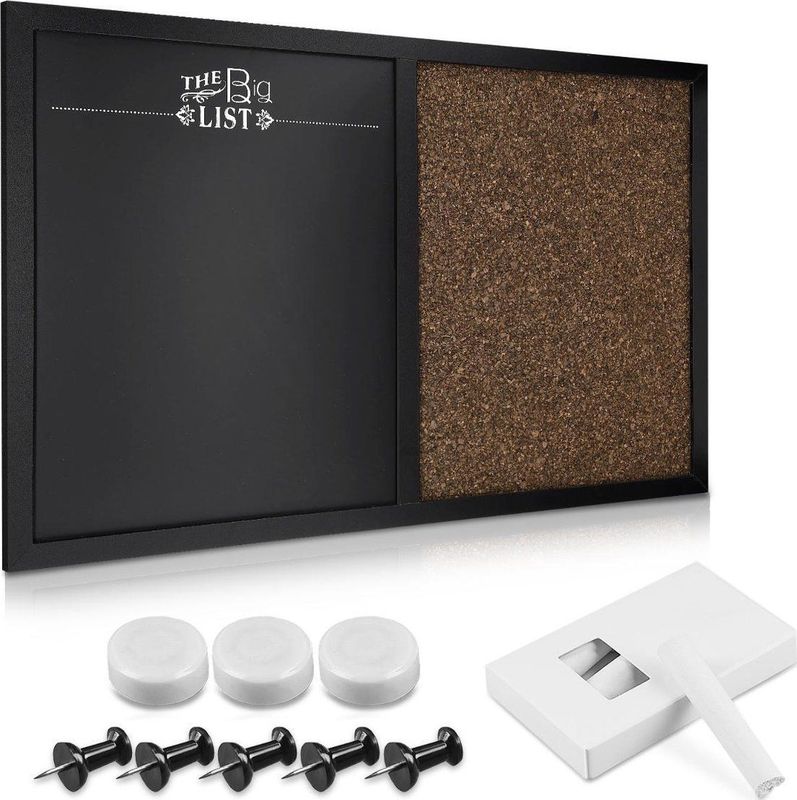 Navaris - Combinatie Kurk en Krijtbord - Magnetisch Wandbord - Zwart - Inclusief Krijt en Punaises