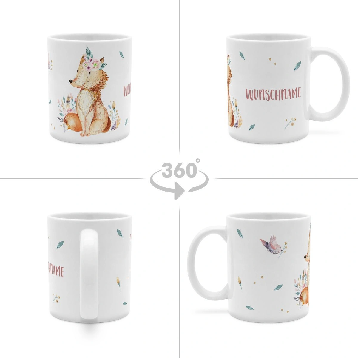 Personalisierte Panorama-Tasse, weiß (Motiv: Fuchs)