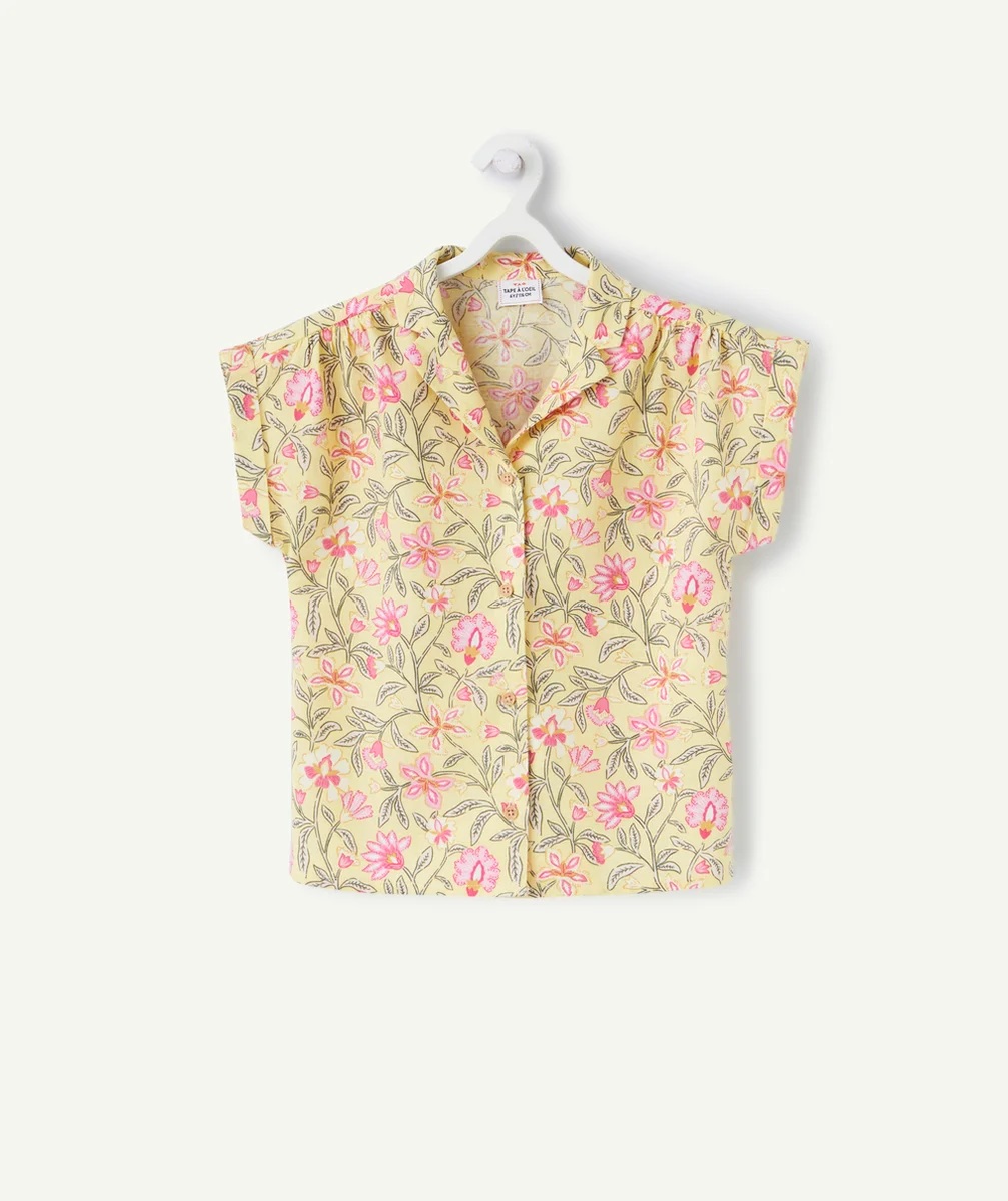 chemise d'été manches courtes fille jaune avec imprimé à fleurs