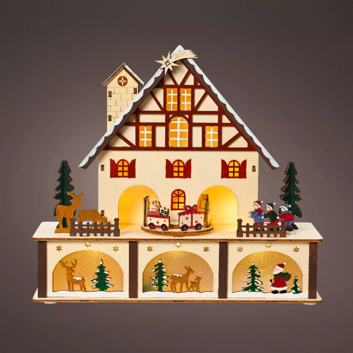 Village de Noël en bois lumineux et musical à piles (27 x H24 cm) Chalet Suisse Coloré