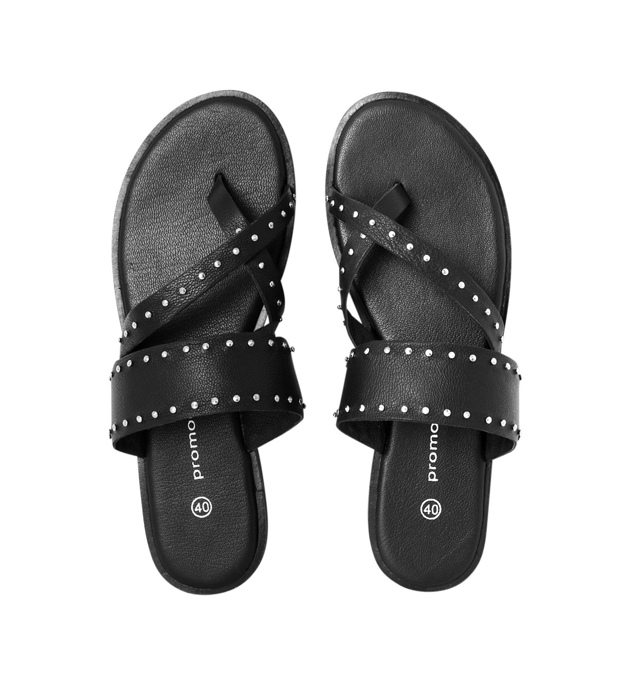 Tong Femme en cuir clouté - Noir