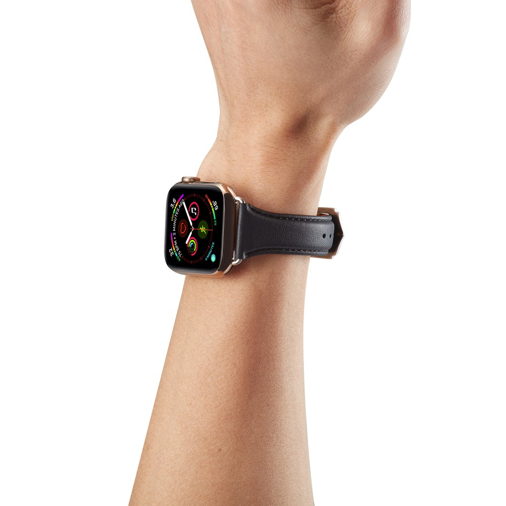 Changee - Apple Watch (42/41/40/38 mm) Echtleder Armband Slim mit Dornschliesse (Gelenkumfang: 175-210mm) - Schwarz / Silber