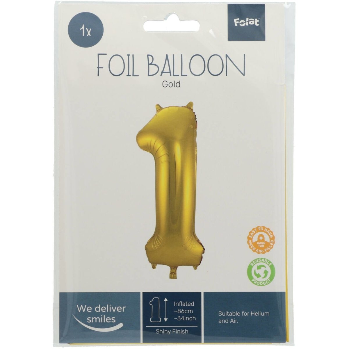 Folie Ballon Cijfer 1 Goud Metallic XL 86cm leeg