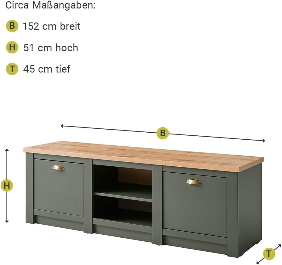Lomadox Landhaus Wohnwand Komplett Set mit Anrichte & Couchtisch, englisch grün mit Wotan Eiche, mit Beleuchtung