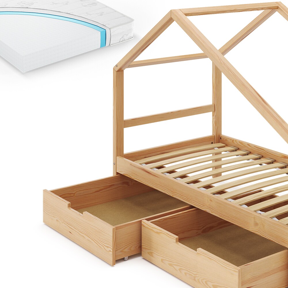 VitaliSpa Kinderbett Lori 160x80cm Natur Hausbett inkl. Matratze & Schublade