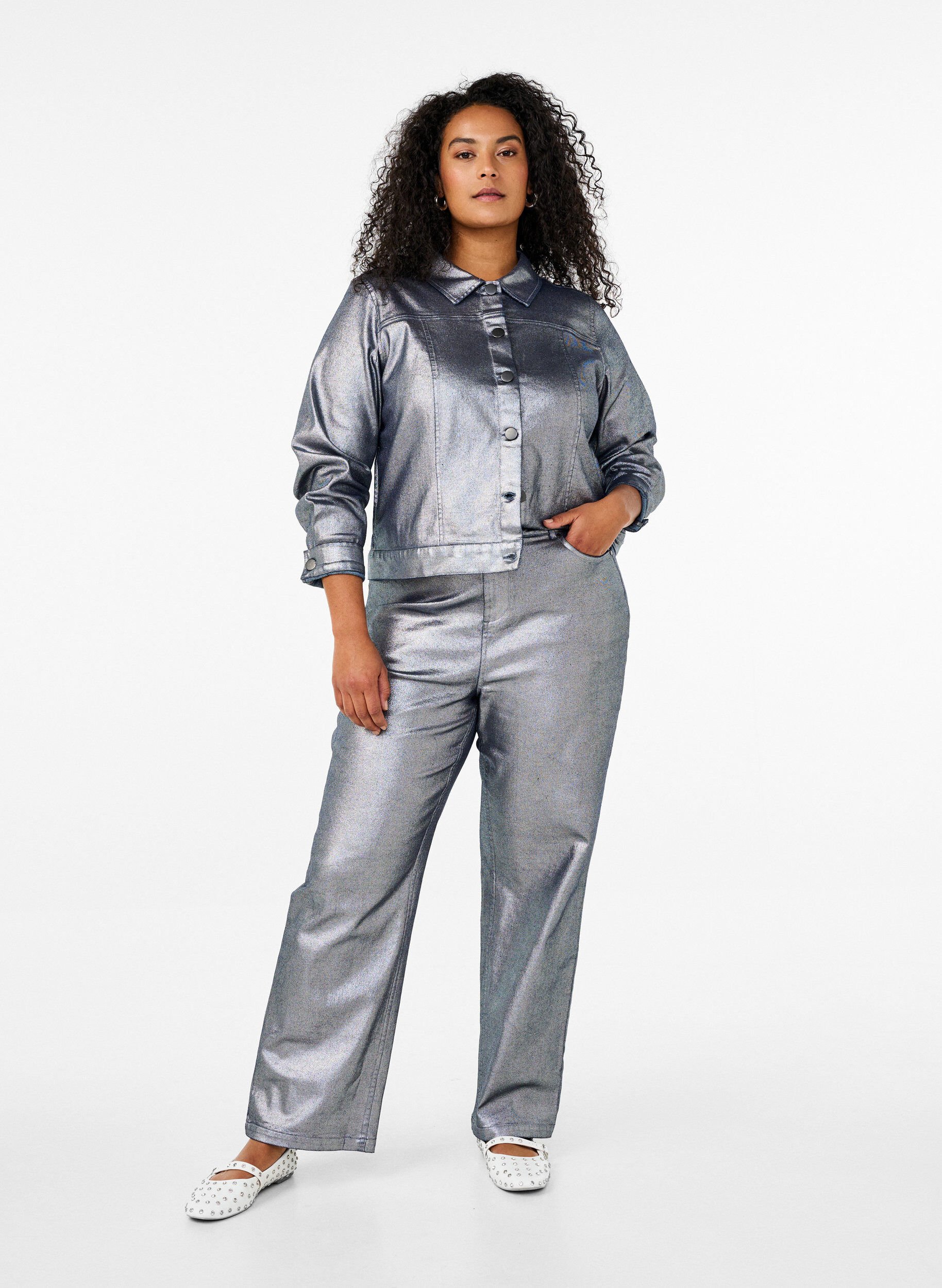Kort sølv coated denimjakke