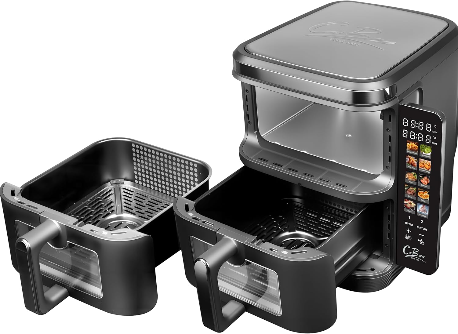 Heißluftfritteuse 2 Kammern übereinander, 11L Airfryer Doppelkammer mit Sichtfenster und Faltbarem Touchscreen, 10-in-1, V0-flammhemmendes Material, 2800W