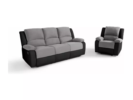 Ensemble de Canapés Relaxation manuel 3 places et 1 place Microfibre Grise / Simili Noir Léo - Loungitude