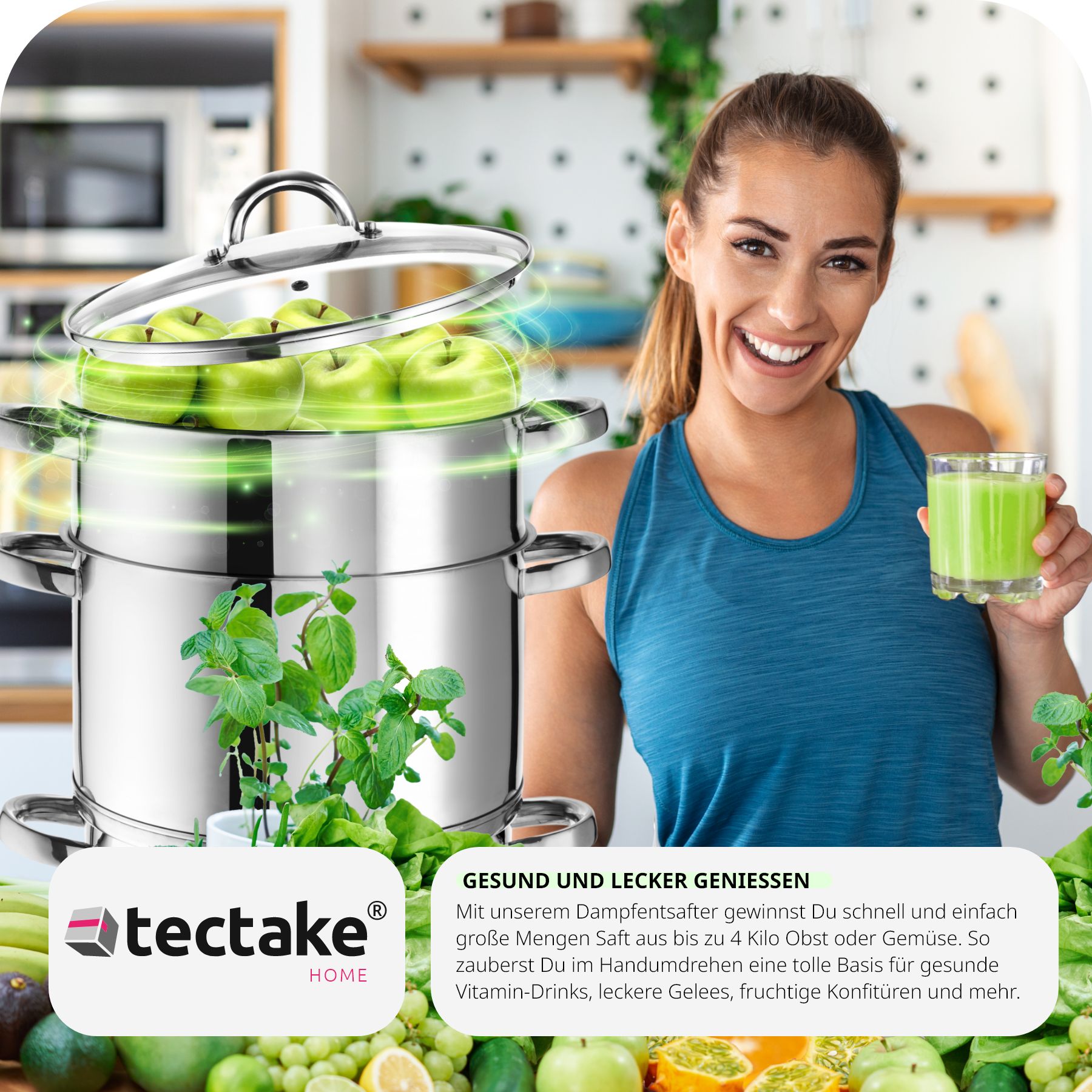 tectake® Dampfentsafter, 7-teilig, aus Edelstahl mit Glasdeckel, induktionsgeeignet und spülmaschinenfest, Ø 26 cm