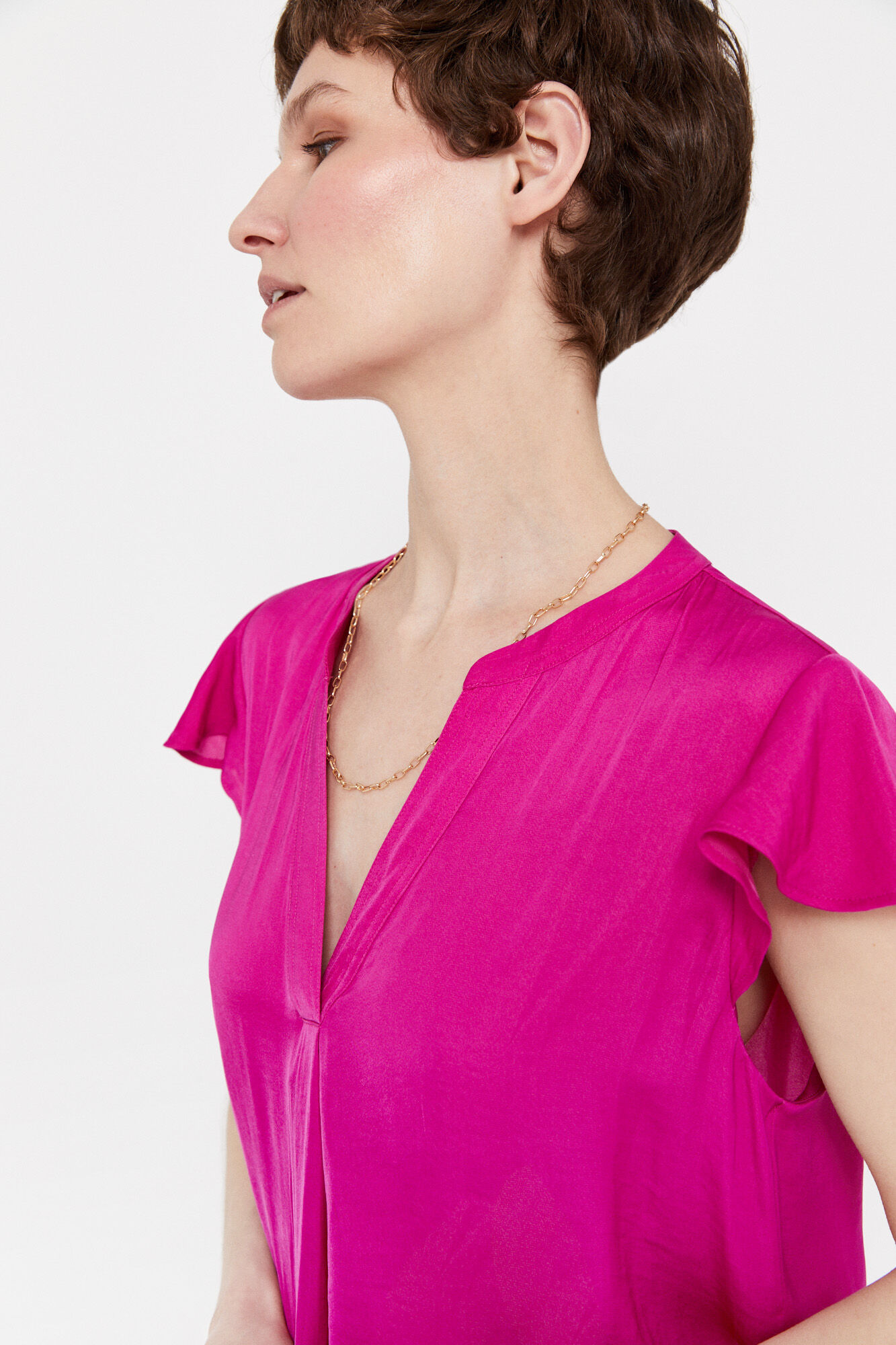 Blusa de cetim com mangas franzidas - Fúcsia
