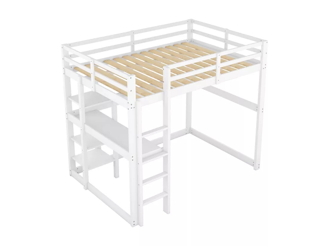 Lit mezzanine 140x200cm en bois massif - avec bureau et étagères - Blanc