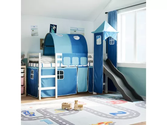 Lit mezzanine enfants avec tour bleu 80x200cm bois pin massif