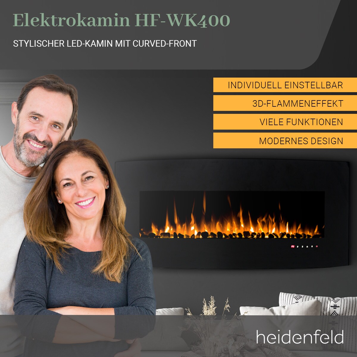 Heidenfeld Elektrokamin HF-WK400, elektrischer Kamin, Curved-Glas, 3D-Flammeneffekt, 2-Level-Heizung