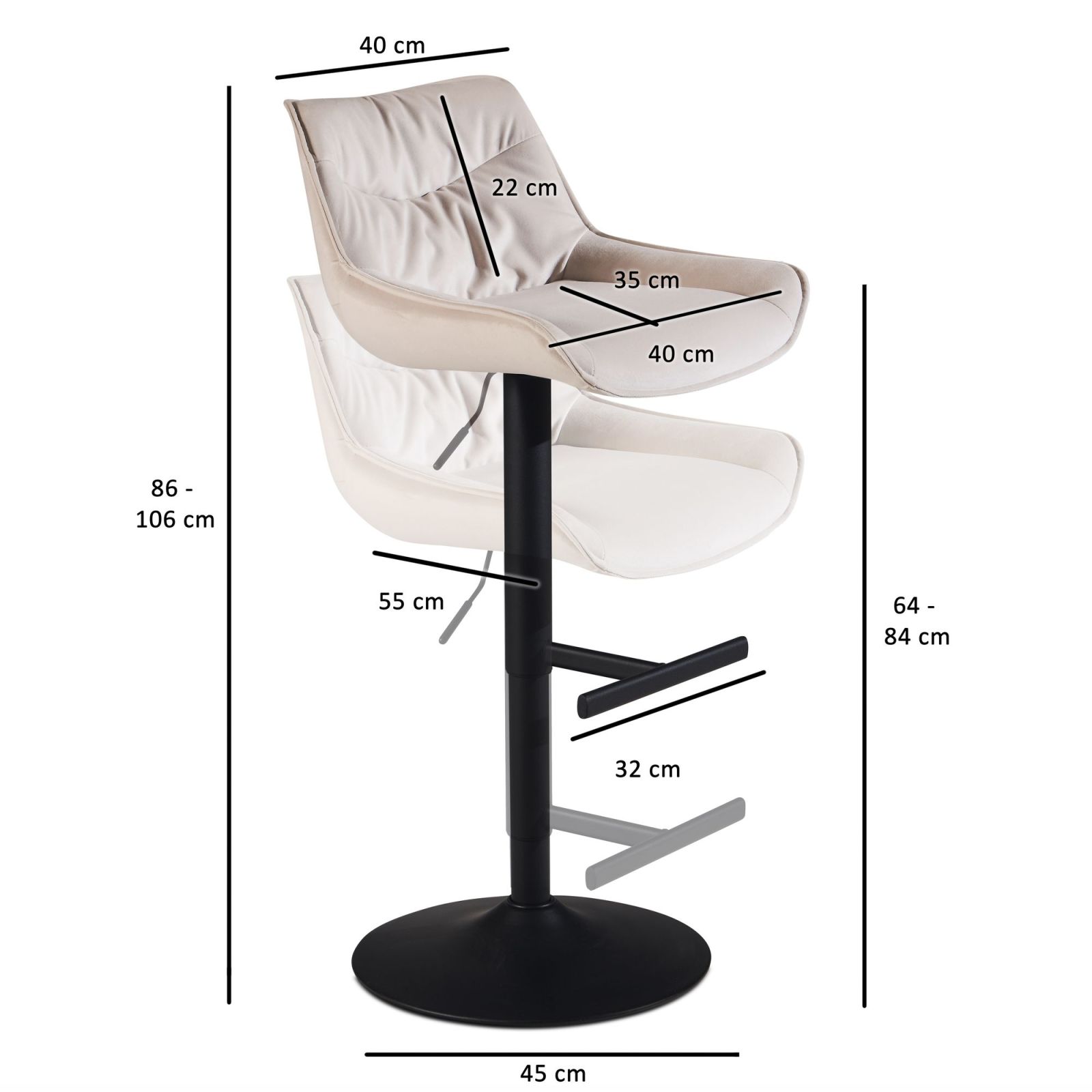 Barhocker - beige - Samt - höhenverstellbar