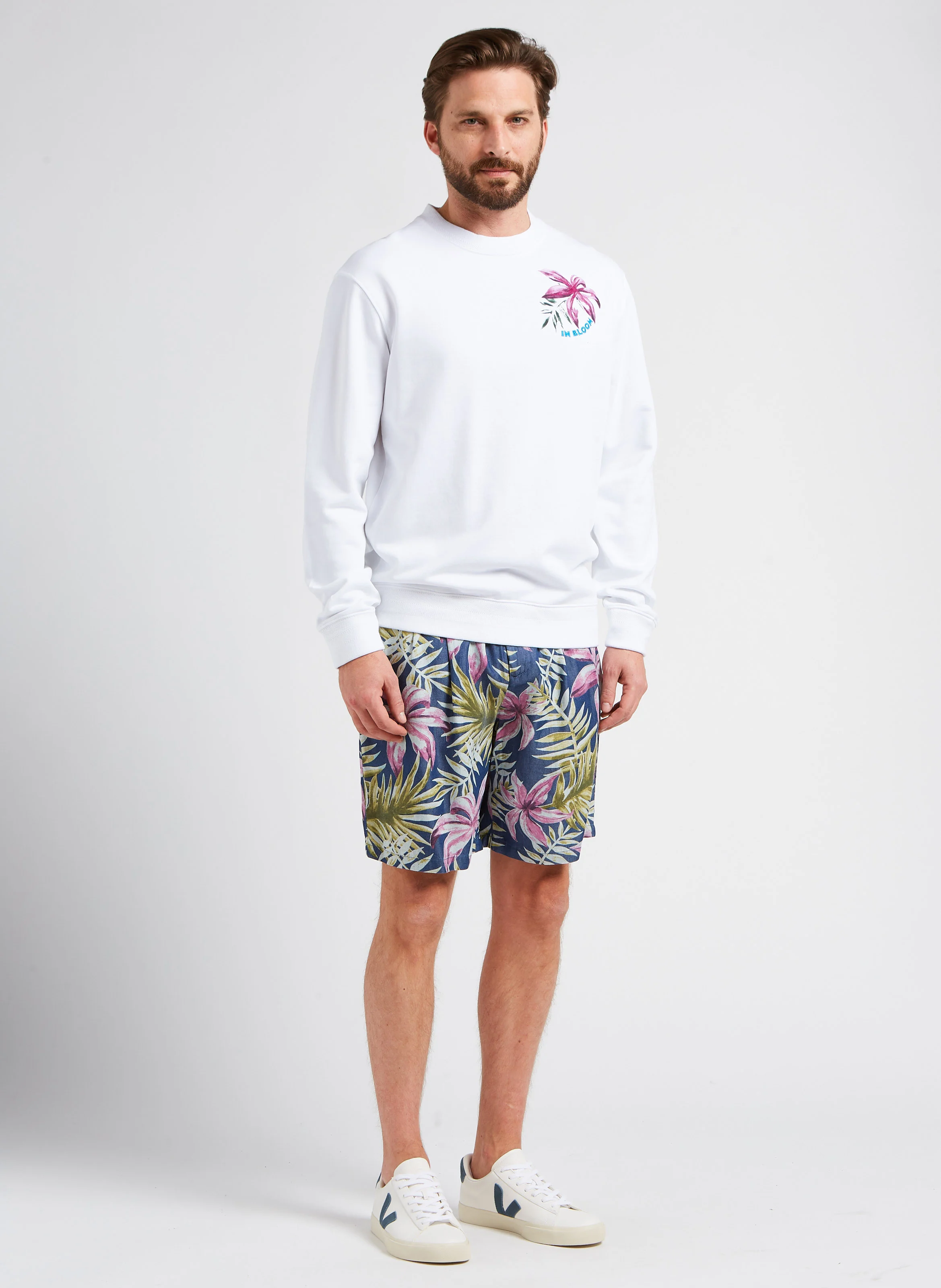 Sweat col rond imprimé et jacquard| Blanc