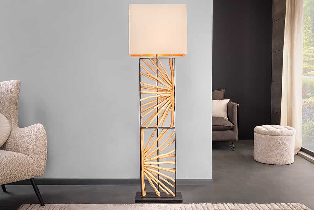 Handgefertigte Stehlampe EUPHORIA 165cm natur Longanholz beige mit Lampenschirm