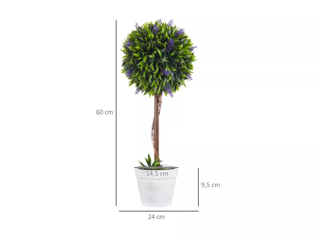 Lot de 2 plantes artificielles avec fleurs de lavande arbre artificiel tronc et pot inclus - hauteur 60 cm intérieur et extérieur vert
