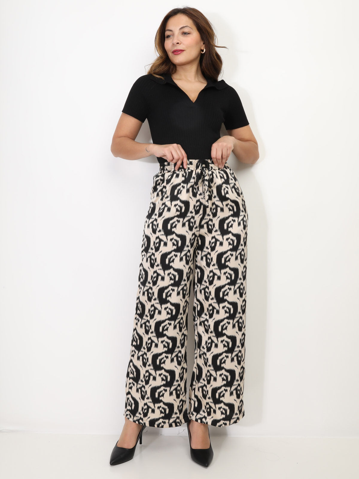Pantalon satiné à motif abstrait- Noir