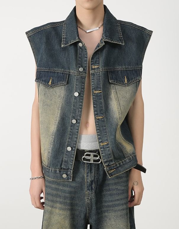 pinkdropper - Gewassen denim vest met kraag en knopen / Lage taille denim shorts met distressed effect