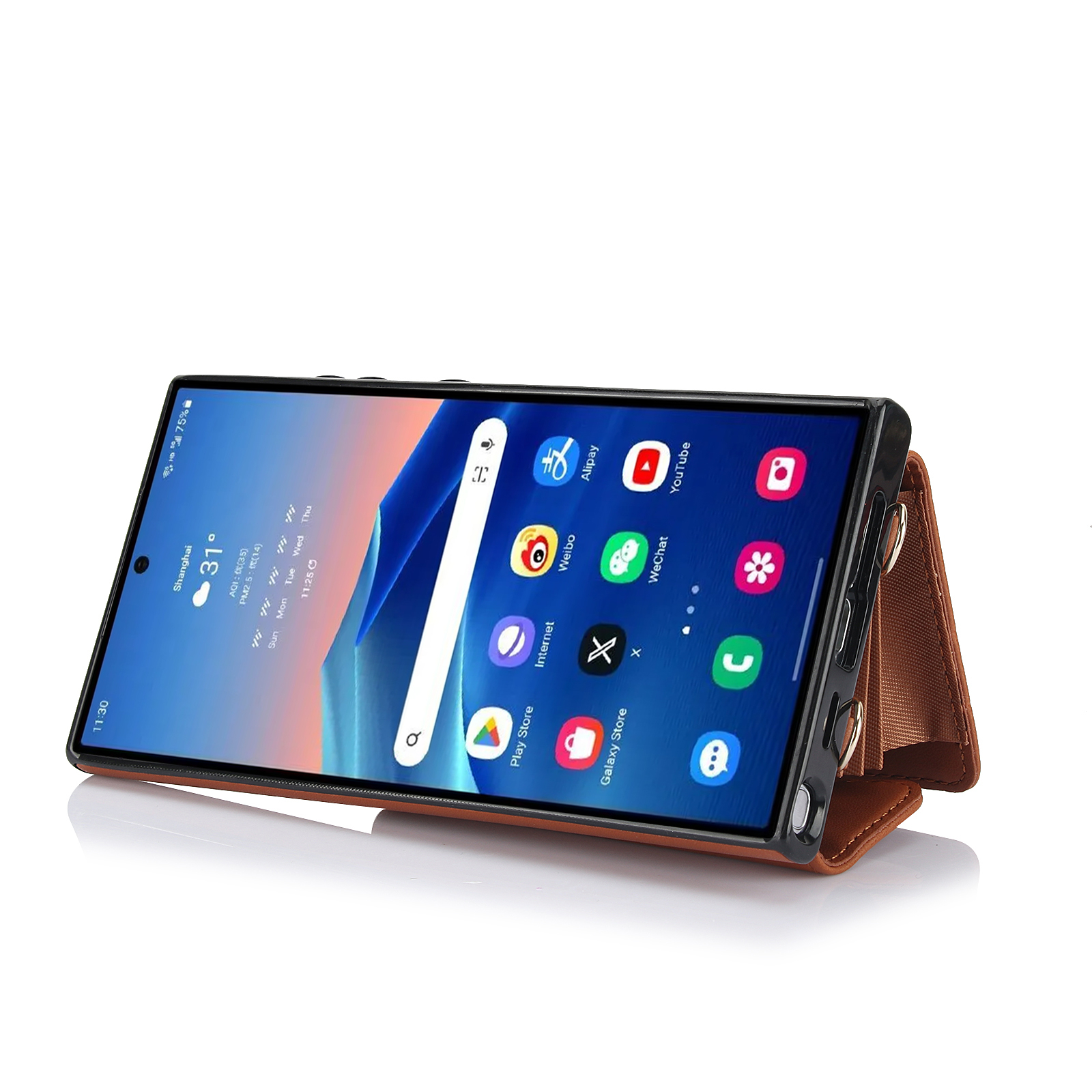 Samsung Galaxy S24 Ultra Necklace Leder Schutz Hülle mit Kartenfach   Handykette (140cm) - Braun