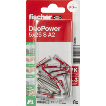 Fischer Universeelplug DuoPower 5x25mm met RVS schroef 8 stuks