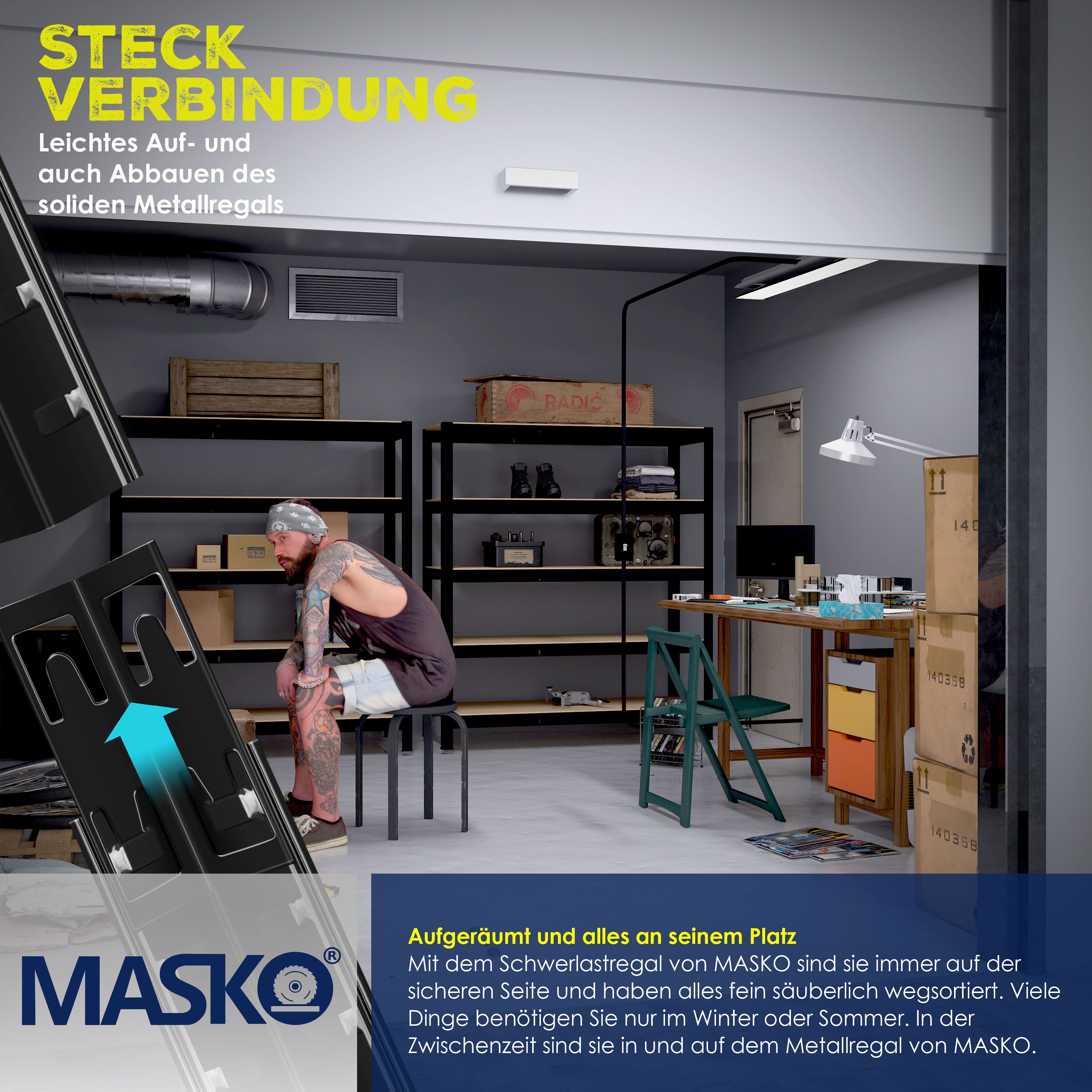 MASKO® Schwerlastregal Lagerregal Kellerregal 180x90x40cm, verstellbare Ablagen, MDF-Platten Regal aus Metall, Steckregal, Werkstattregal Stahlgestell Garage Werkbank