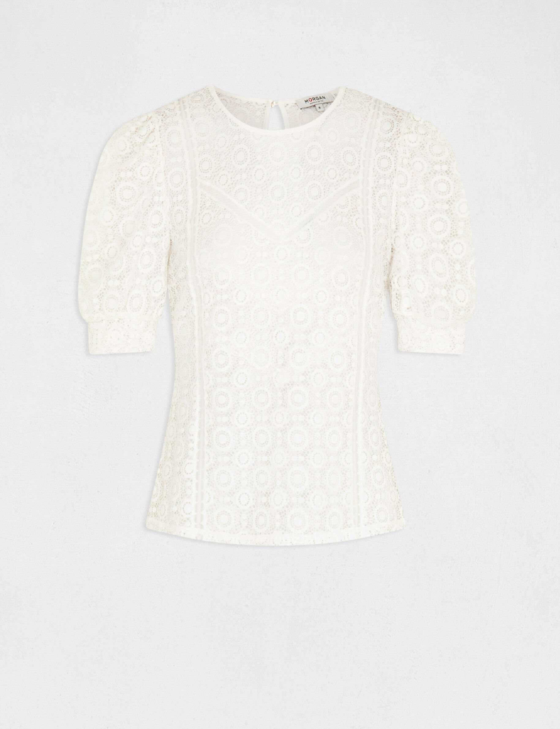 T-shirt manches courtes en dentelle ecru femme - ecru