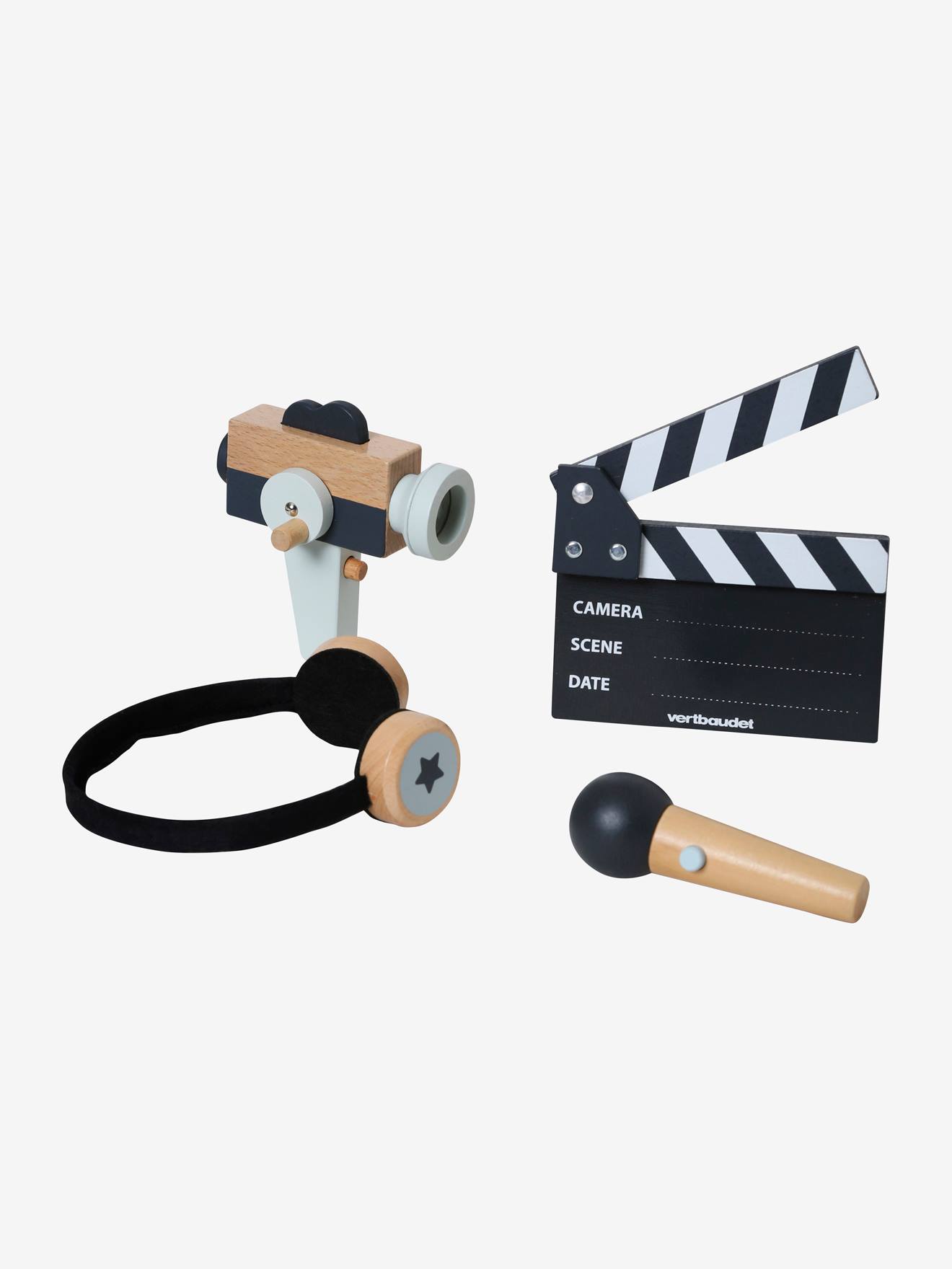 Kit para filmagem em madeira FSC®, cinza médio, liso com motivos.
