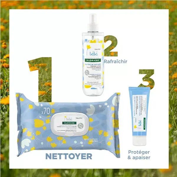 Lenços umedecidos de limpeza suave Klorane Baby Calendula, 25 unidades