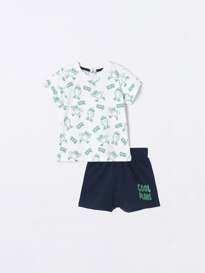 Conjunto de camiseta estampada e bermuda - Azul-marinho