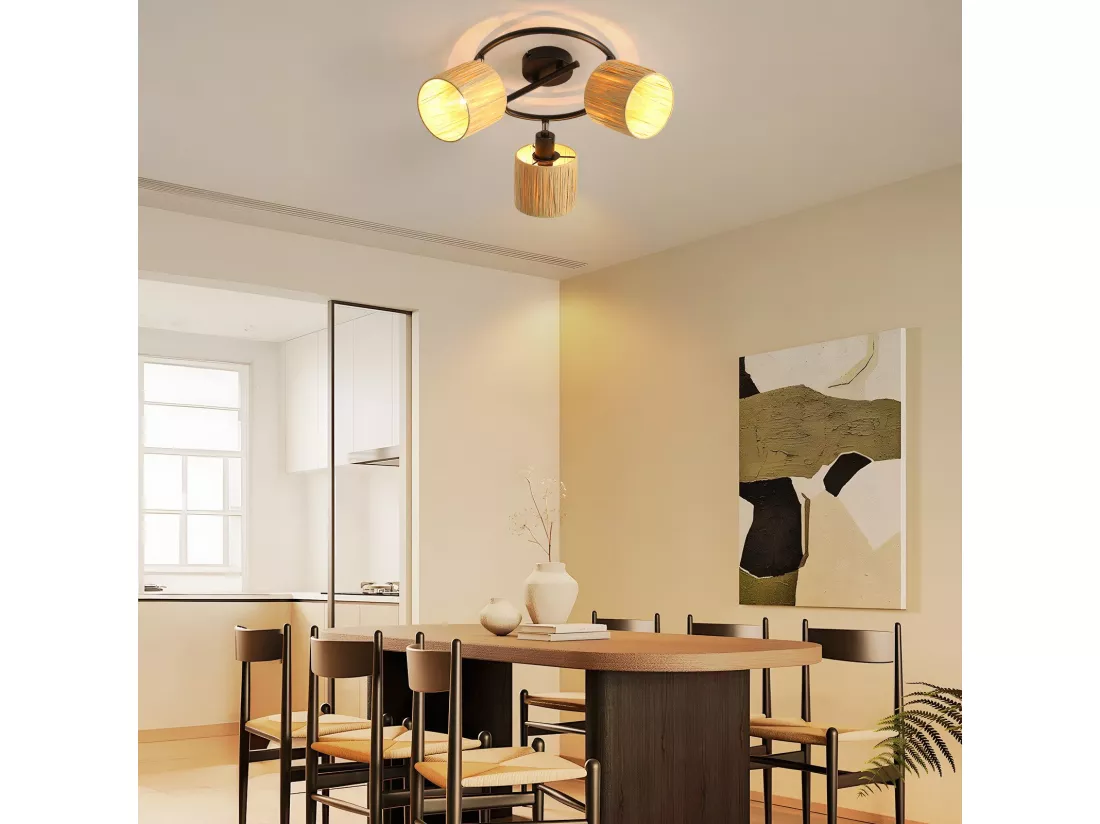 Spot De Plafond 3 Flammes E14 Noir Naturel Plafonnier Papier Salon