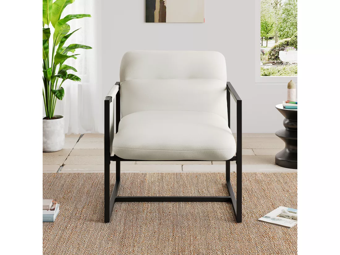 Fauteuil Contemporain en sherpa - Pied Métal - 78x65x80cm - pour Salon et Chambre - Blanc cassé