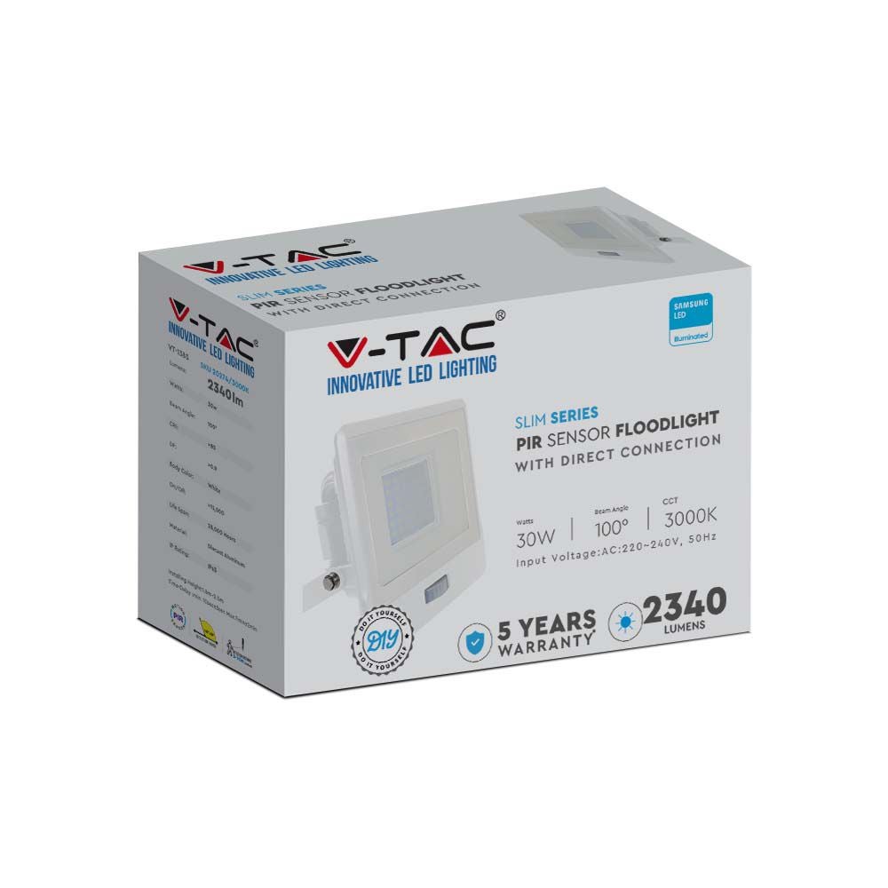 V-TAC VT-138S-W - LED-schijnwerper met PIR-sensor - Samsung - IP65 - Wit - 30W - 2340 lumen