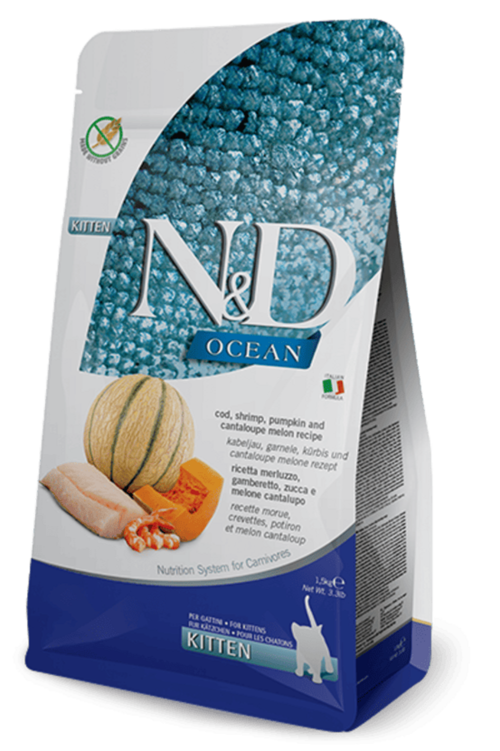 Croquettes n&d ocean potiron morue, crevette & melon kitten 1,5 kg