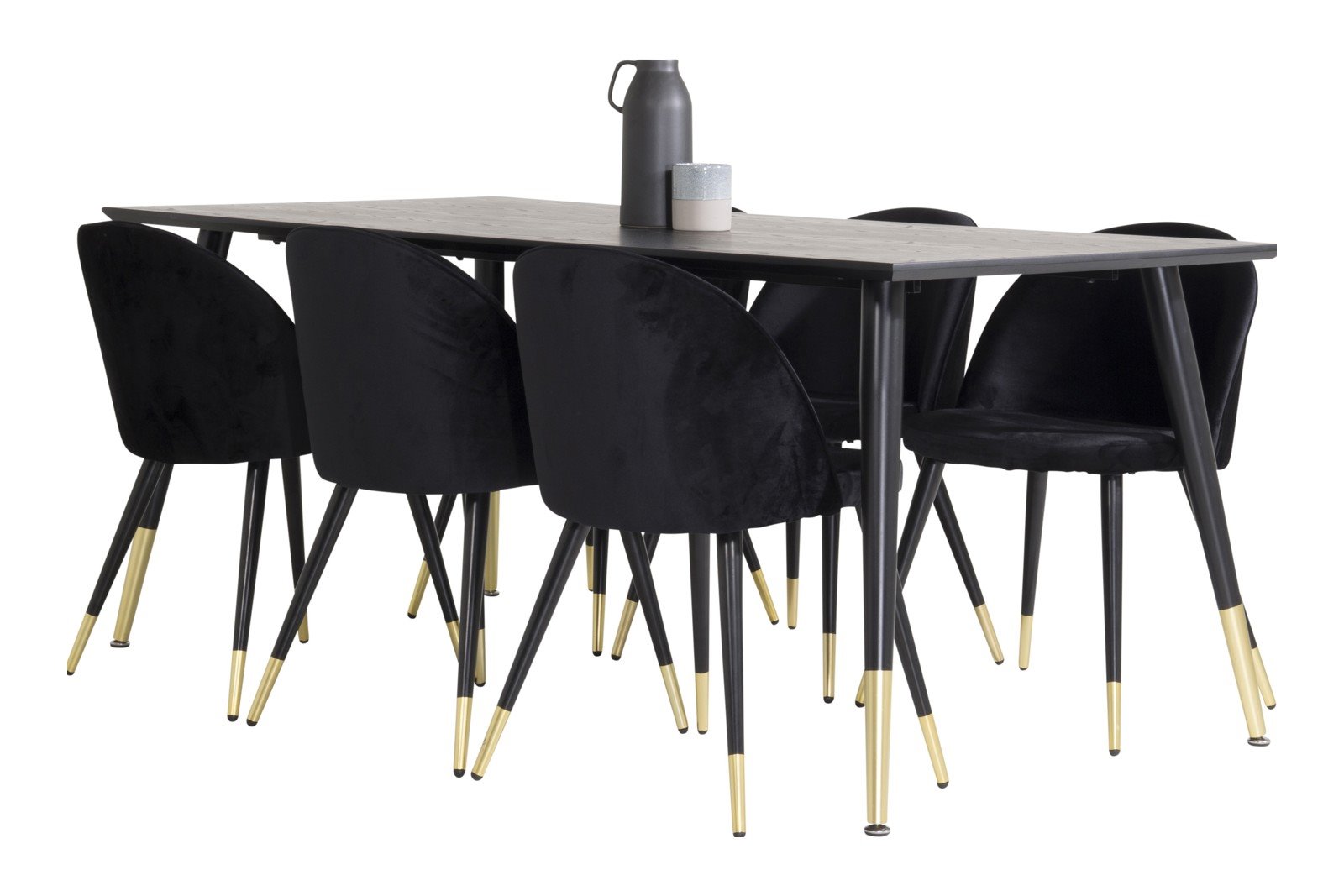 Dipp og Velvet Spisegruppe Dipp spisebord i sort finér med 6 stk. Velvet spisestoler i Sort fløyel og messing ben.