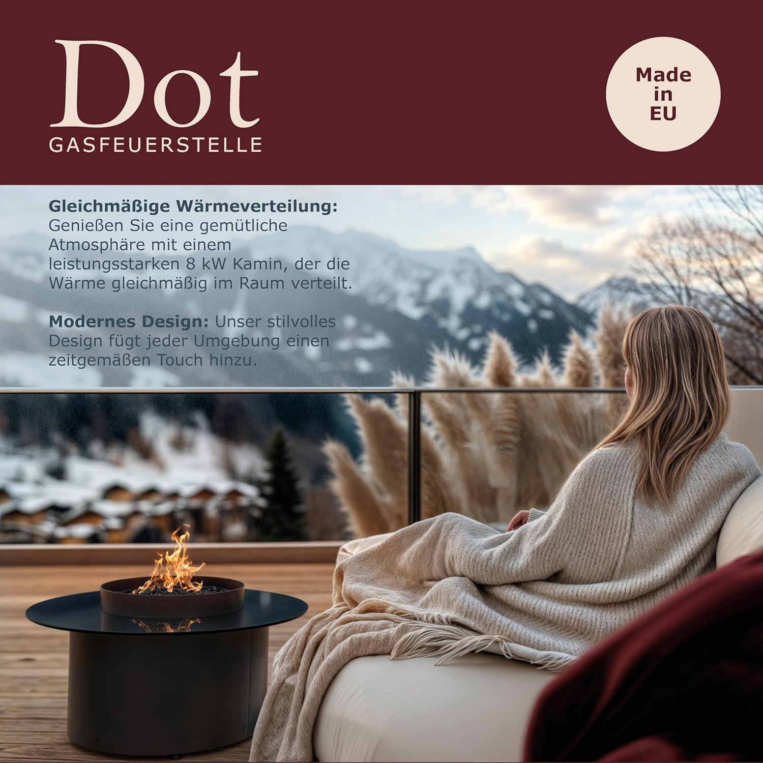 Planika Dot 2-in-1 Couchtisch mit Gas Feuerstelle, Balkon und Terrassentisch, Außenkamin, Gartentisch, Beistelltisch, Terrassen und Balkonheizer. Robuste Tischplatte, Einfache Steuerung + Abdeckung