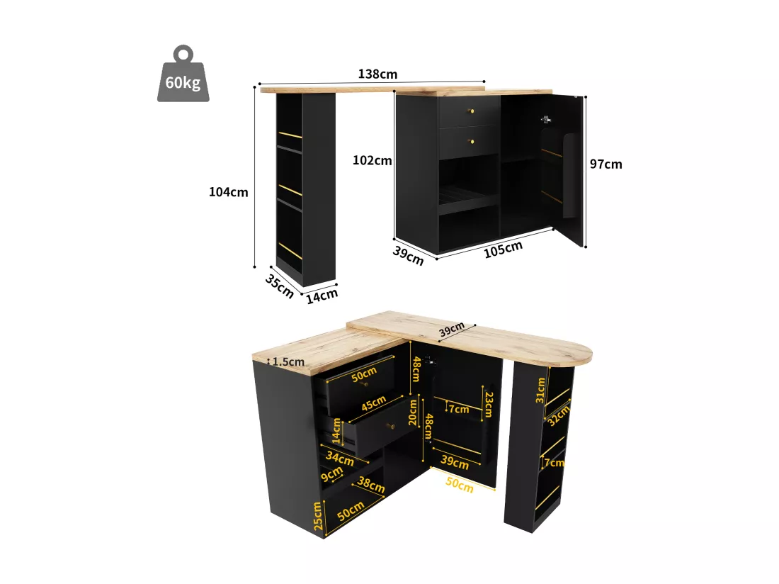 Meuble de bar pivotant - une porte, 2 tiroirs, 3 étagères & 2 niches - MDF plateau effet bois - 138 cm/105x39x102 cm - Noir