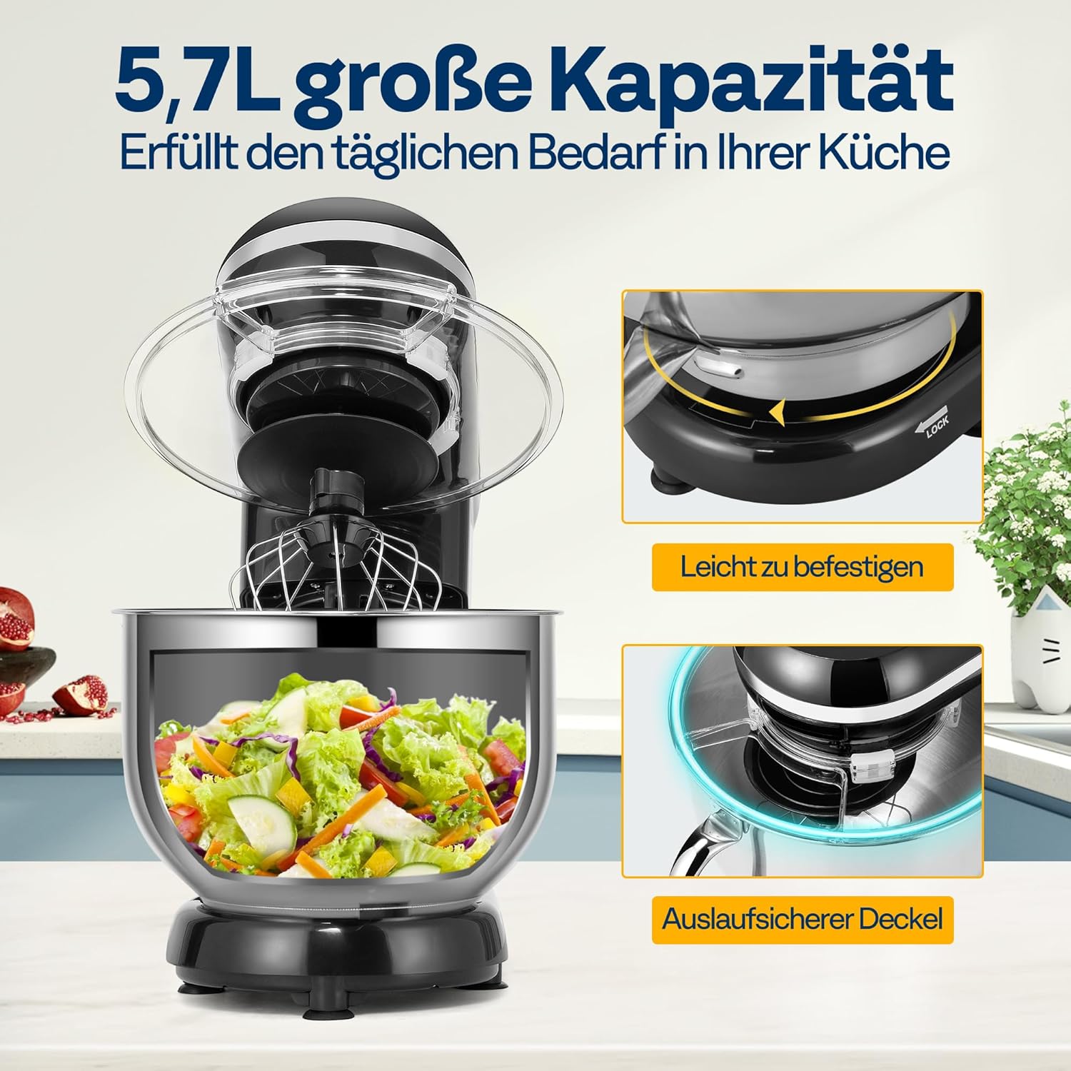 VIVOHOME Küchenmaschine 5,7L Knetmaschine 1500W Küchenmaschinen mit 10 Geschwindigkeiten Pulsfunktion Teigmaschine mit Spritzschutz Rührmaschine mit Knethaken Schneebesen und Eigelbtrenner