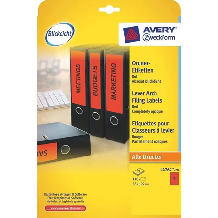 Avery Zweckform L4762-20 Ordnerrücken Etiketten A4, mit ultragrip, 38 x 192 mm, schmal/kurz, 20 Bogen/140 Etiketten, rot