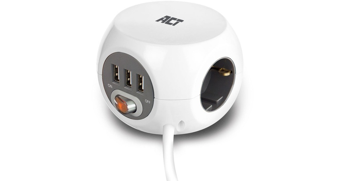 ACT ConnectivityVierkante stekkerdoos (PDU) met 3 sockets type F, 3 USB-A poorten, 1,5m  (Wit)