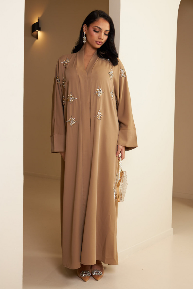 Kimono beige foncé à strass doré et argenté